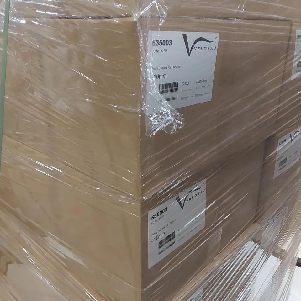 PALLET CONTAINING A LARGE QUANTITY OF ASSORTED BATHROOM FURNITURE PARTS INCLUDING: VELDEAU VANITY CARCASSES ECT