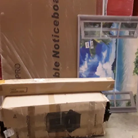 PALLET TO CONTAIN AN ASSORTMENT OF HOUSEHOLD ITEMS TO INCLUDE WHITE BOARDS, PICTURE MINI TRAMPOLINE AND FOLDABLE GOAL ECT
