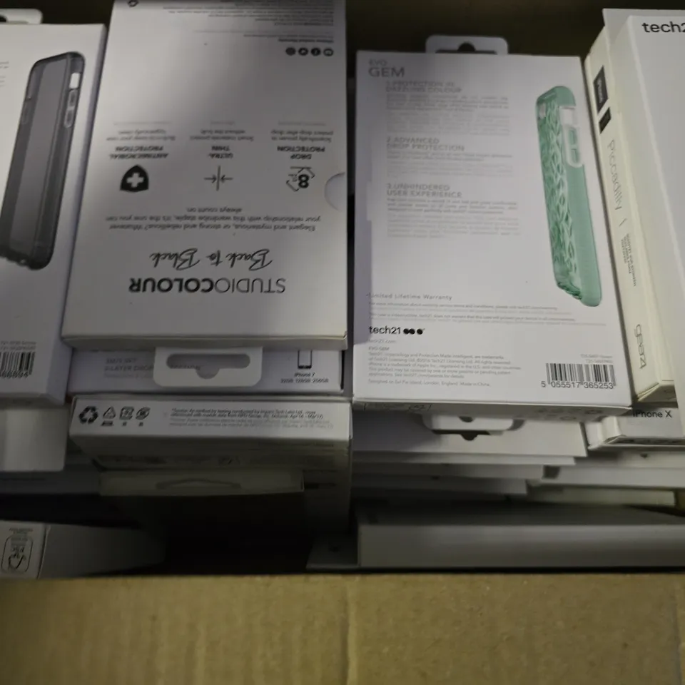 BOX OF APPROXIMATELY 22 PHONE CASES TO INCLUDE - GEAR 4 IPHONE X , TECH21 EVO GEM PHONE X , TECH21 IPHONE X - ETC