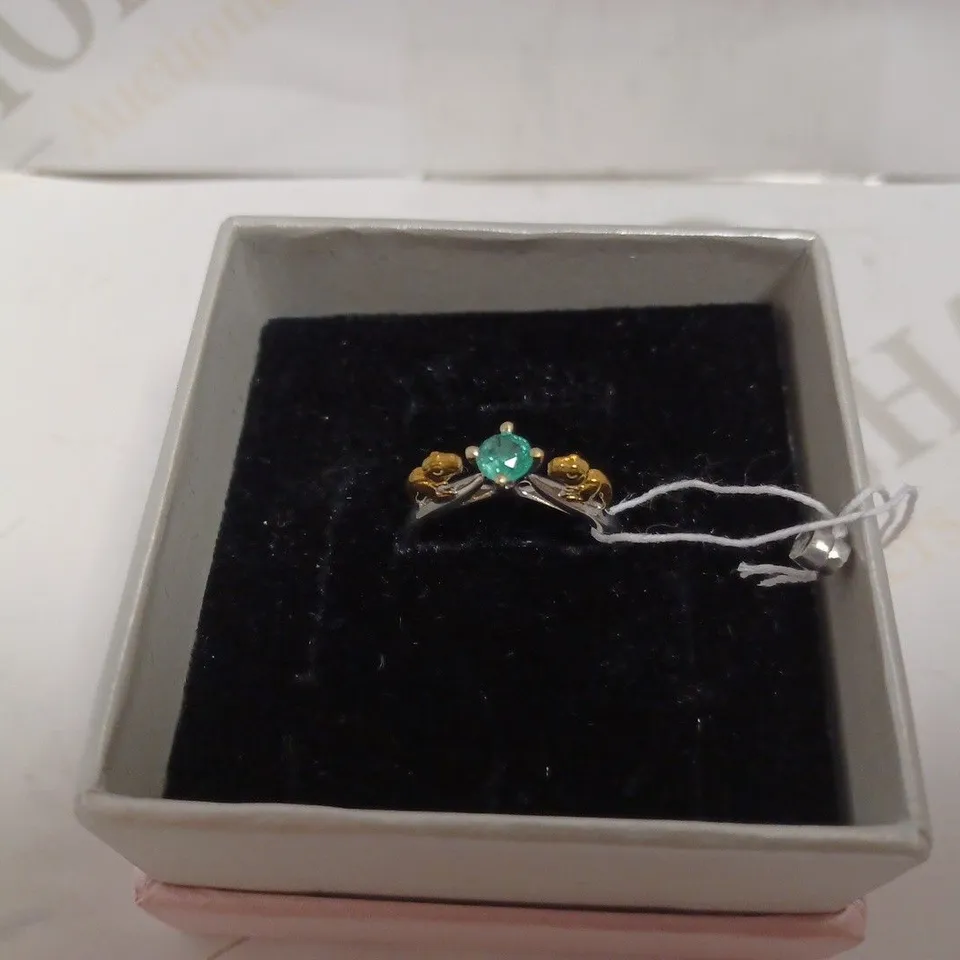 WHITELAKE SILVER EFFECT RING WITH BLUE STONE AND GOLD EFFECT DINOSAUR DETAIL