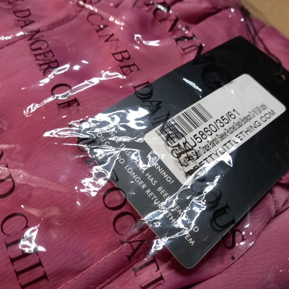 PACKAGED PINK SATIN DRAPE BARDOT SLEEVE RUCHED BACK BODYCON DRESS - SIZE 16