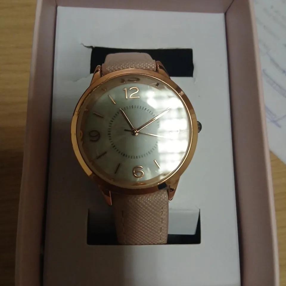 ROSE GOLD-TONE WRISTWATCH WITH PALE PINK FABRIC STRAP – BOXED
