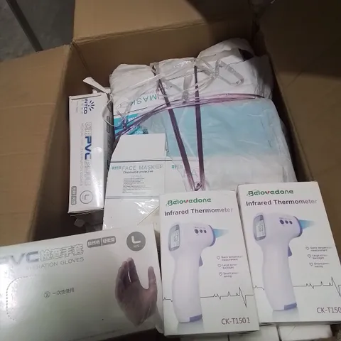 BOX CONTAINING LARGE AMOUNT OF THERMOMETERS, PVC GLOVES AND FACE MASKS.