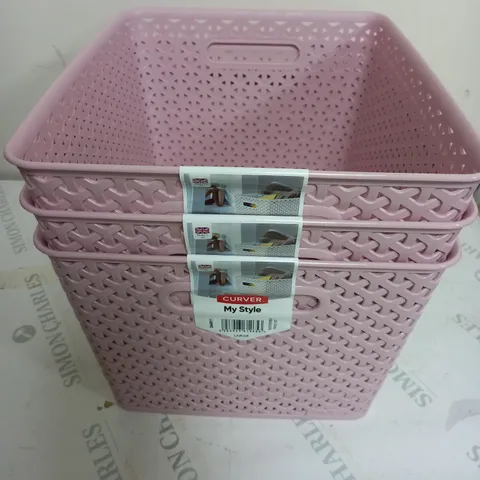 3 CURVER LARGE FAUX RATTAN STORAGE BASKET ORGANISER (18 LITRE) - PINK