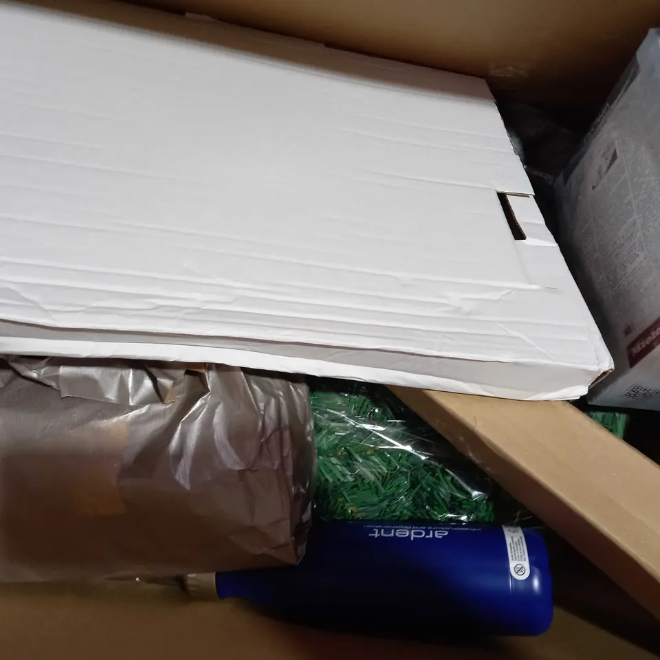 BOX OF APPROXIMATELY 10 ASSORTED HOUSEHOLD ITEMS TO INCLUDE BROTHER PA-C-411 A4 THERMAL PAPER, PERCALE NON-IRON DOUBLE FLAT SHEET, CROSS STITCH KIT, ETC