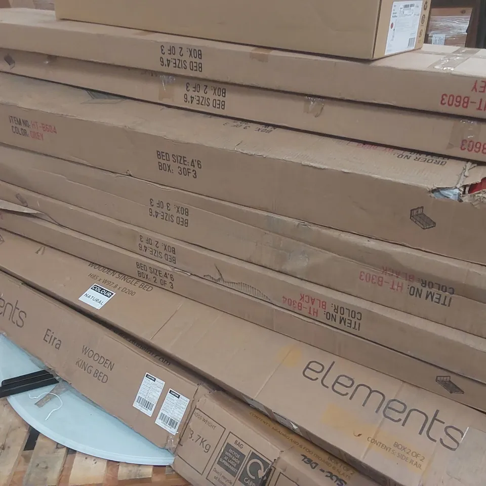 PALLET CONTAINING A LARGE QUANTITY OF ASSORTED FURNITURE PARTS/CONSUMER PRODUCTS INCLUDING: BED PARTS, XROCKER DESK PARTS, DYSON VACUUM PARTS ECT