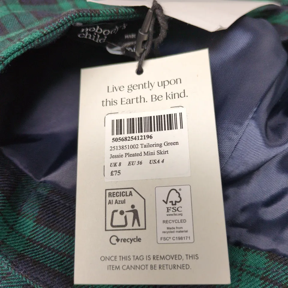 NOBODY'S CHILD TAILORING GREEN JESSIE PLEATED MINI SKIRT UK8 TAGGED
