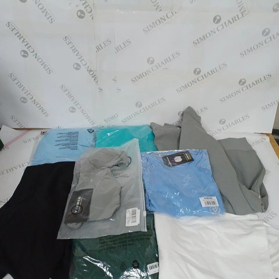 LARGE BOX OF ASSORTED CLOTHING ITEMS IN VARIOUS COLOURS AND SIZES INCLUDING TROUSERS , TOPS AND JUMPERS 