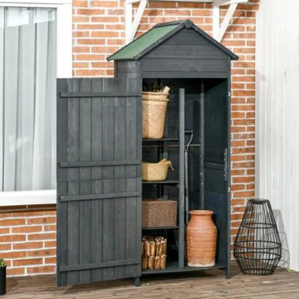 BOXED WOODEN GARDEN SHED OUTDOOR SHELVES UTILITY TOOL STORAGE CABINET (2 BOXES)