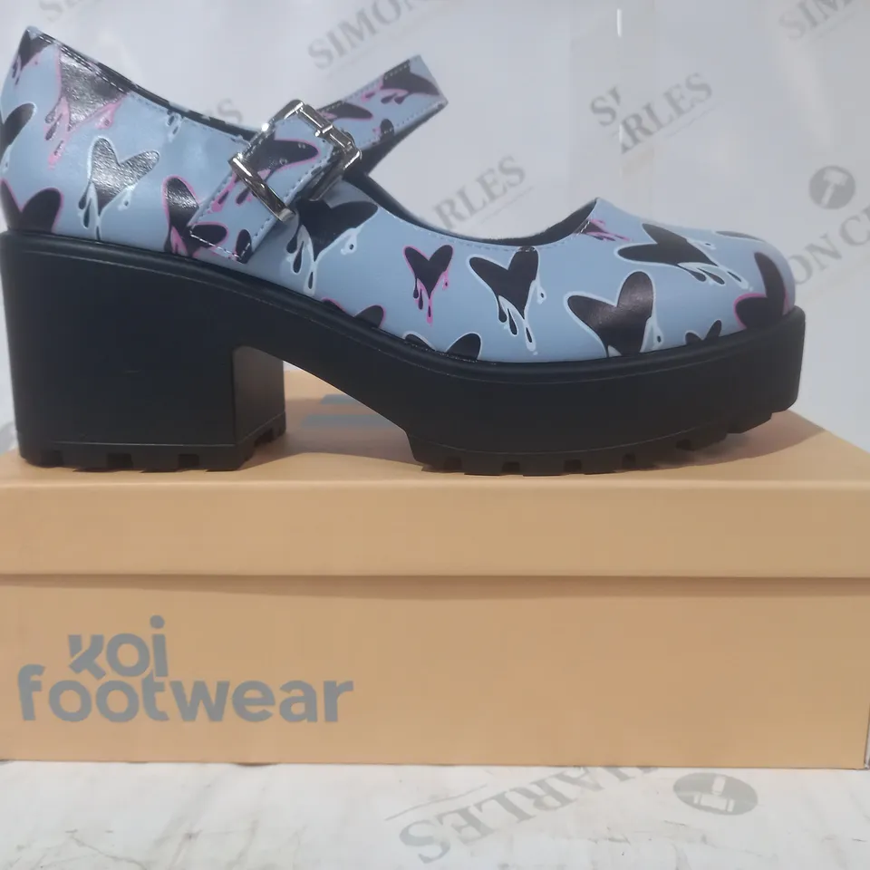 BRAND NEW BOXED PAIR OF KOI VEGAN LEATHER HEART ACHER MARY JANES SHOES IN BLUE UK SIZE 8