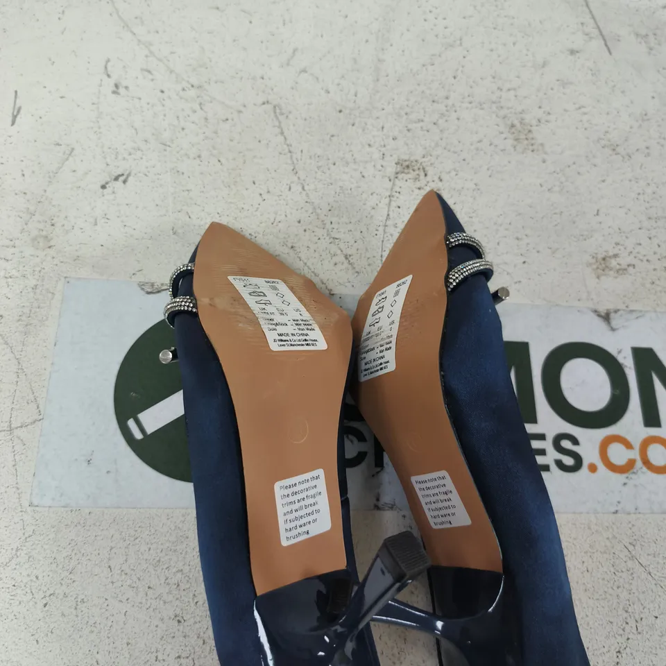 SIMPLY BE BLUE SATIN HIGH HEELS, UK 6, BEADED BOW DETAIL
