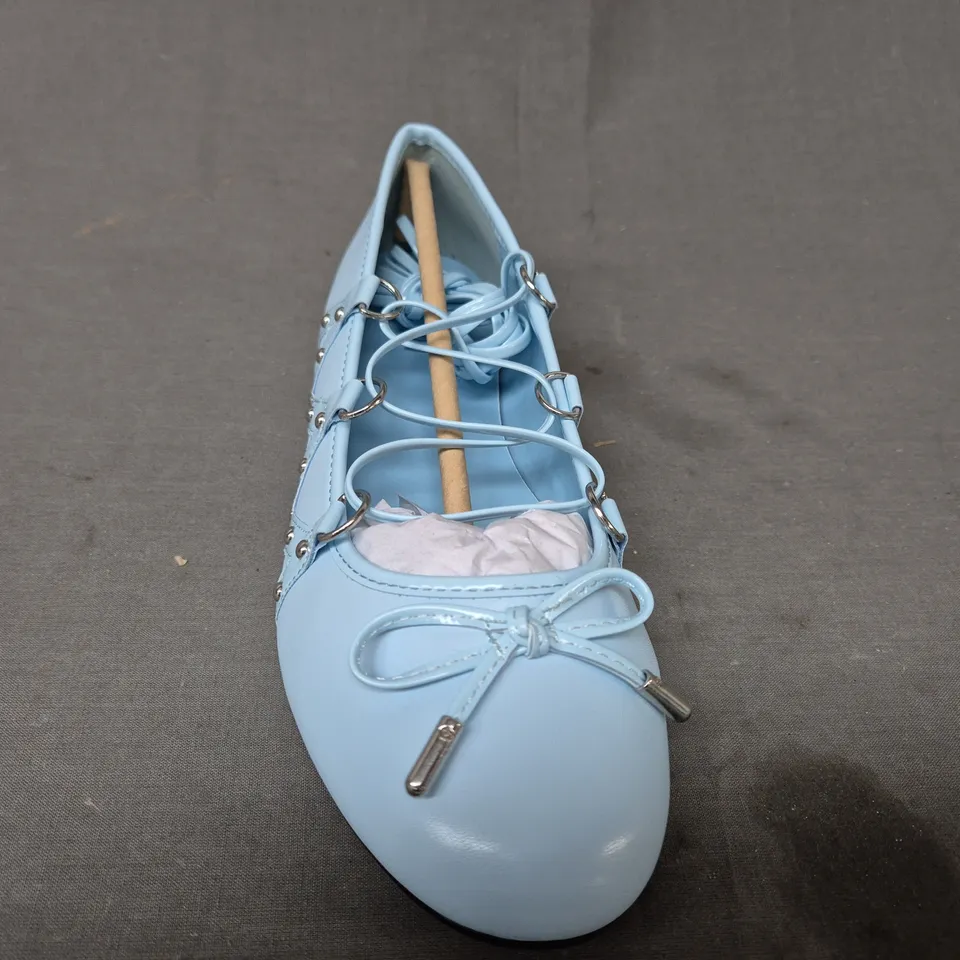 BOXED PAIR OF KOI VIOLETTA LACE UP FLAT BALLET SHOES IN BLUE UK SIZE 4