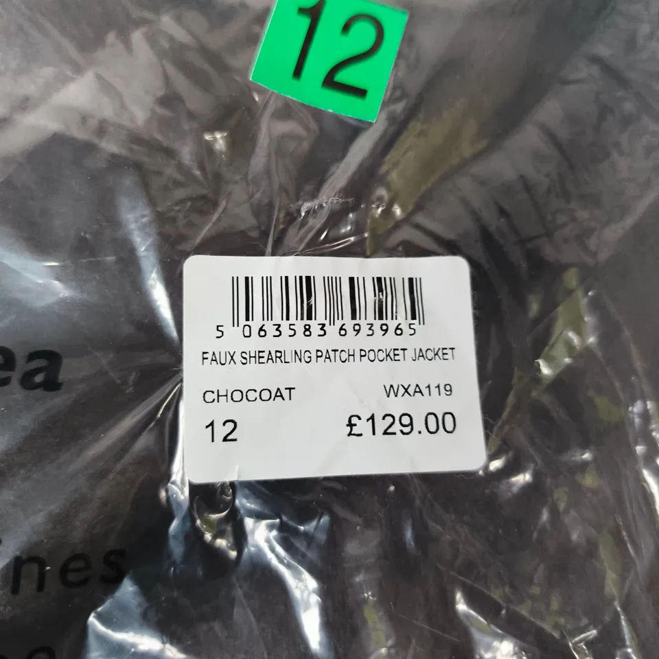 CREW CLOTHING COMPANY FAUX SHEARLING PATCH POCKET JACKET – CHOCOLATE – UK 12