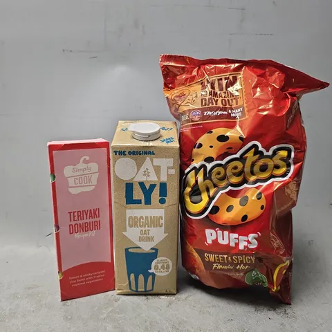 APPROXIMATELY 7 ASSORTED FOOD & DRINK ITEMS TO INCLUDE - CHEETOS PUFFS , OATLY ORANGIC , SIMPLY COOK TERIYAKI DONBURI ETC