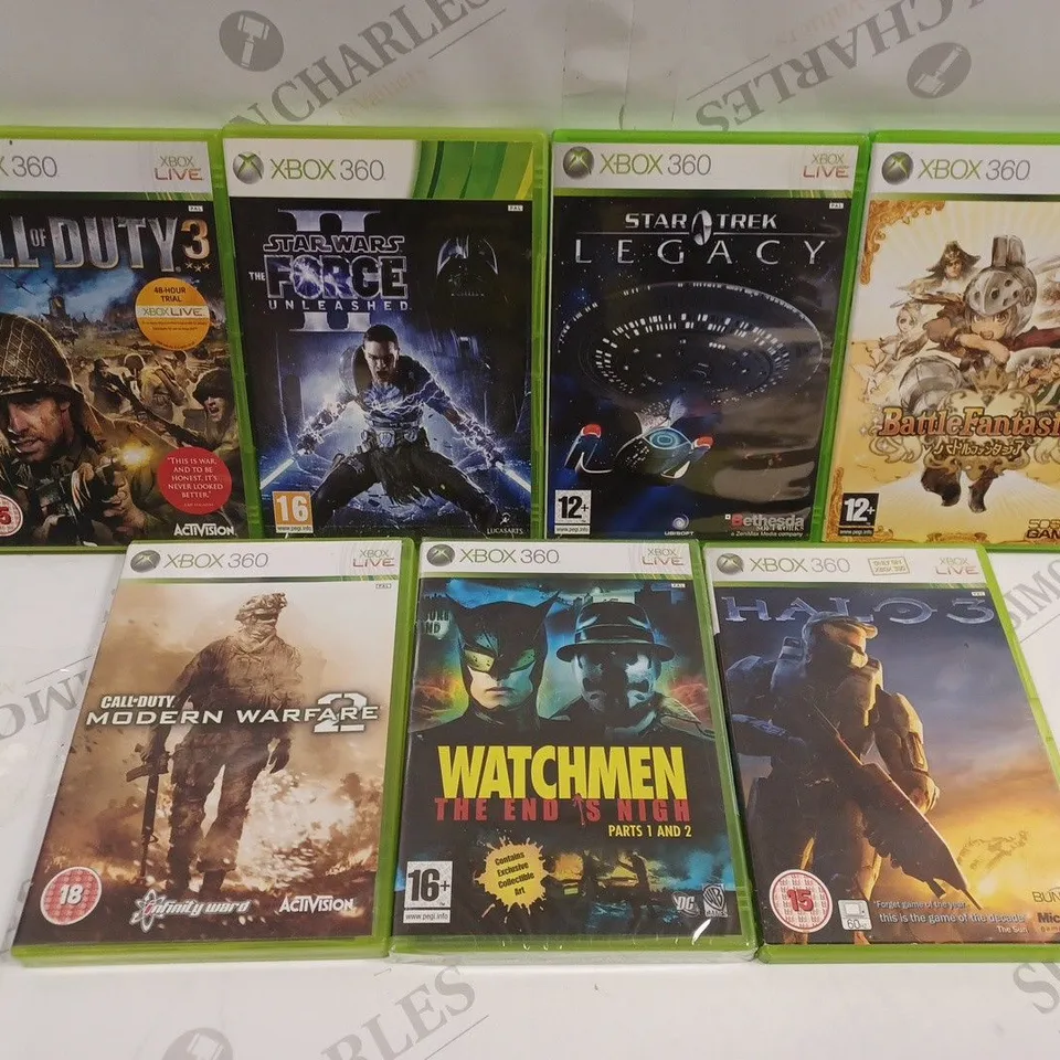 APPROXIMATELY 15 ASSORTED XBOX 360 VIDEO GAMES TO INCLUDE CALL OF DUTY 3, HALO 3, STAR TREK LEGACY ETC 