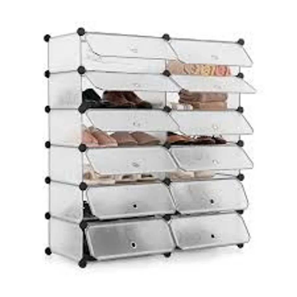 BOXED COSTWAY 12-CUBE DIY PORTABLE PLASTIC SHOE RACK WITH TRANSPARENT DOORS