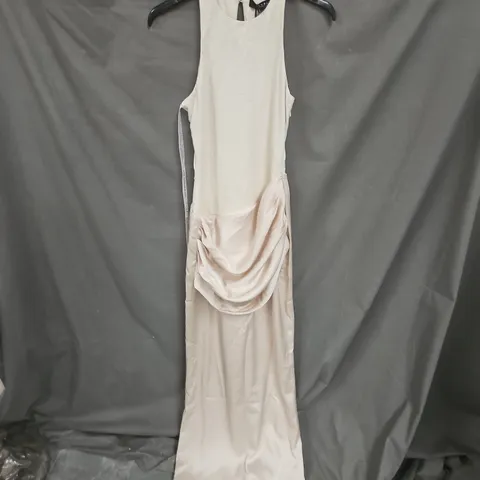 CLUB LONDON AKARI CHAMPAGNE HIGH-NECK MAXI DRESS WITH SATIN SKIRT, UK 8