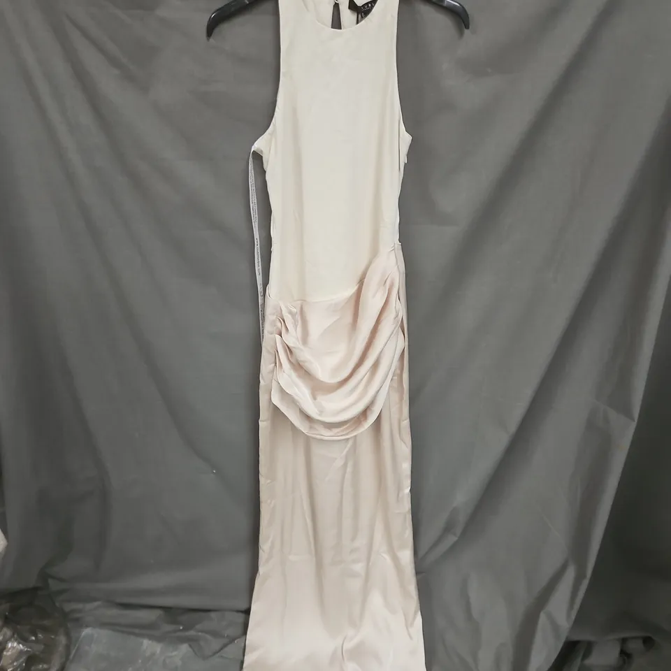 CLUB LONDON AKARI CHAMPAGNE HIGH-NECK MAXI DRESS WITH SATIN SKIRT, UK 8