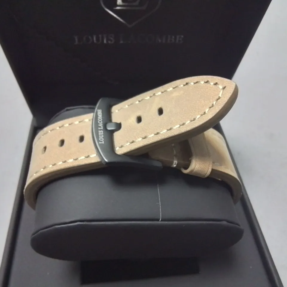 LOUISE LACOMBE GENTS STAINLESS STEEL WATCH WITH TAN STRAP IN GIFT BOX
