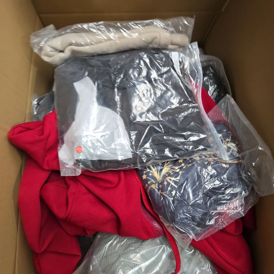 LARGE BOX OF ASSORTED CLOTHING ITEMS IN VARIOUS SIZES, STYLES AND COLOUR 