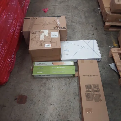 PALLET OF ASSORTED ITEMS INCLUDING: FRETTA EDGE MAX JUICER, CEILING FAN, TOWEL TOILET RACK, SHOWER SYSTEM, NATURAL MOSO BAMBOO DRAWER DIVIDERS ECT