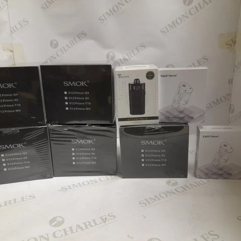 LOT OF APPROXIMATELY 10 E-CIGARETTE RELATED ITEMS TO INCLUDE SMOK V12 PRINCE X6. TESLACIGS BITURBOMECH, AND VAPOR STORM PUMA BABY MOD ETC.