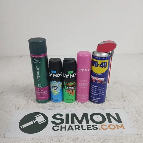 APPROXIMATELY 15 ASSORTED AEROSOLS TO INCLUDE WD40, LYNX ICE CHILL, WELLA MAXIMUM HOLD, ETC