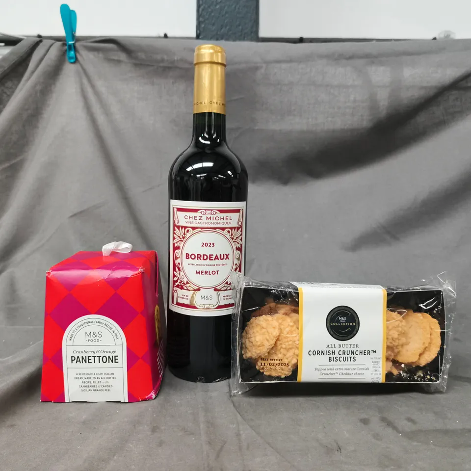 M&S FOOD HAMPER INCLUDING MERLOT, PANETTONE, ETC - COLLECTION ONLY