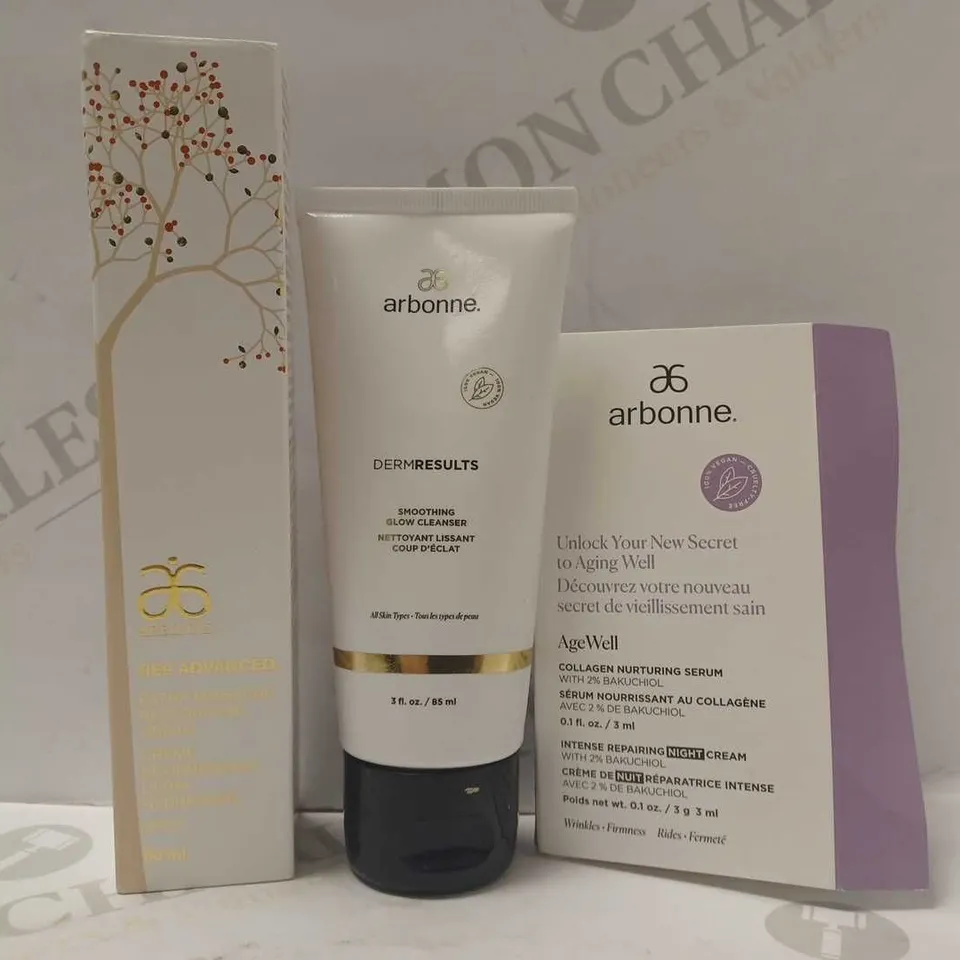 LOT OF 3 ASSORTED ARBONNE PRODUCTS TO INCLUDE RE9 ADVANCED EXTRA MOISTURE RESTORATIVE CREAM, SMOOTHING GLOW CLEANSER, AGE WELL NURTURING SERUM 3ML SAMPLE