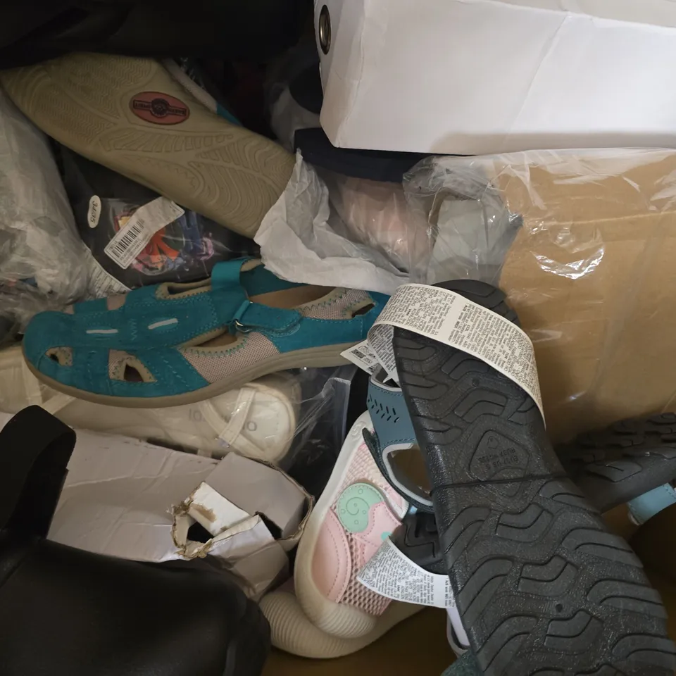 BOX OF APPROXIMATELY 15 ASSORTED PAIRS OF SHOES AND FOOTWEAR ITEMS IN VARIOUS COLOURS, STYLES, AND SIZES - COLLECTION ONLY