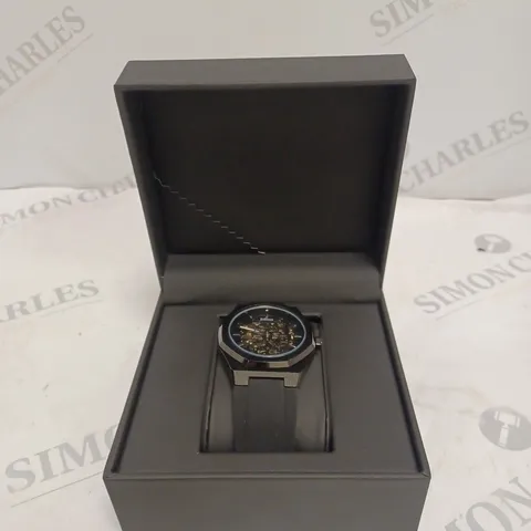MENS EDISON AUTOMATIC WATCH - GLASS EXHIBITION BACK CASE - RUBBER STRAP 