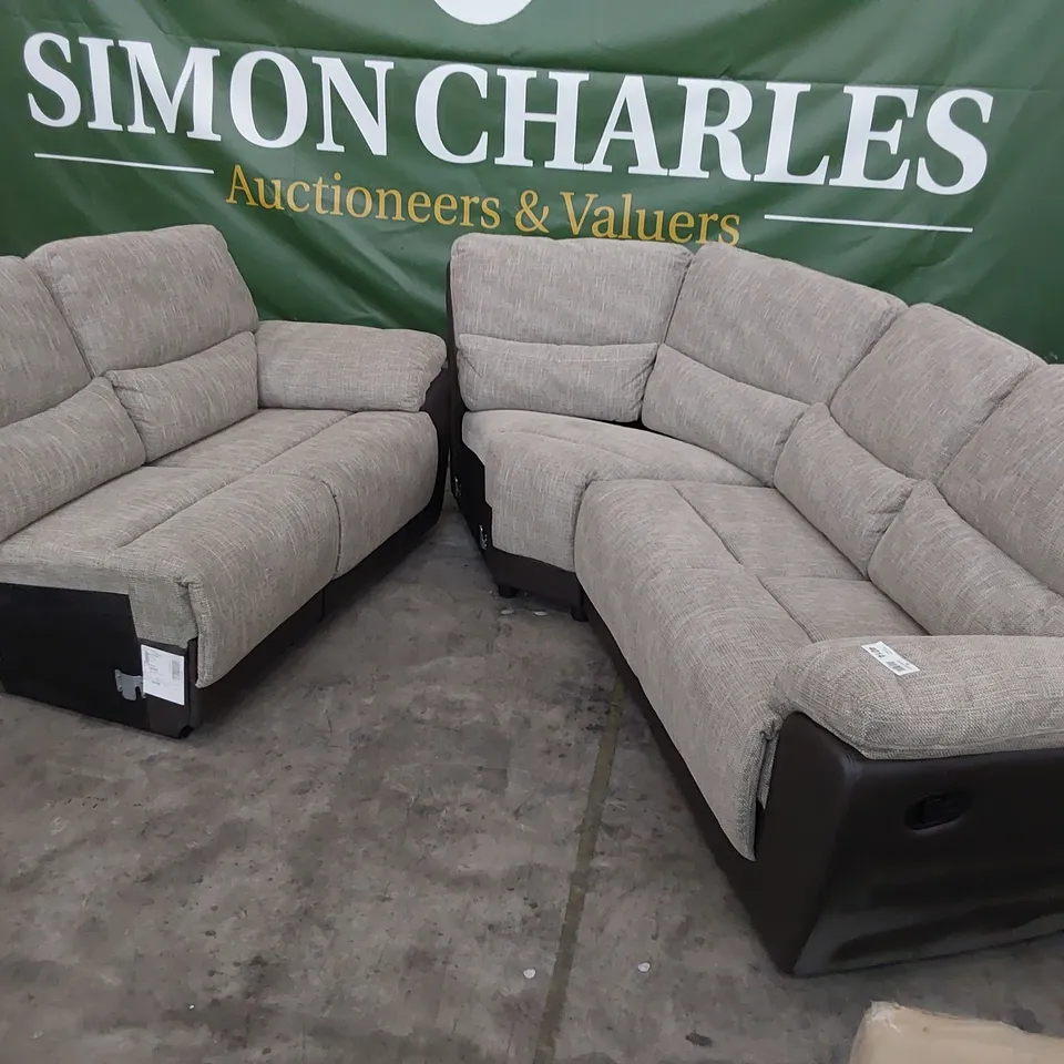 THREE SECTIONS OF CORNER GROUP, MANUAL RECLINING BROWN FAUX LEATHER  & GREY FABRIC