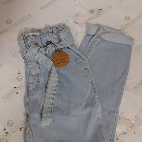 JUST ORGANIC HIGH PAPER BAG WAIST JEANS IN LIGHT BLUE DENIM SIZE 12