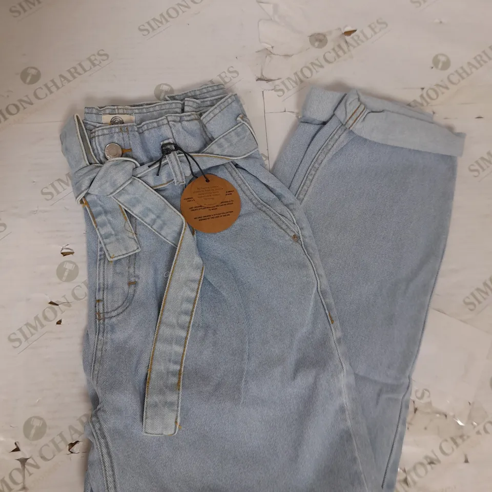 JUST ORGANIC HIGH PAPER BAG WAIST JEANS IN LIGHT BLUE DENIM SIZE 12