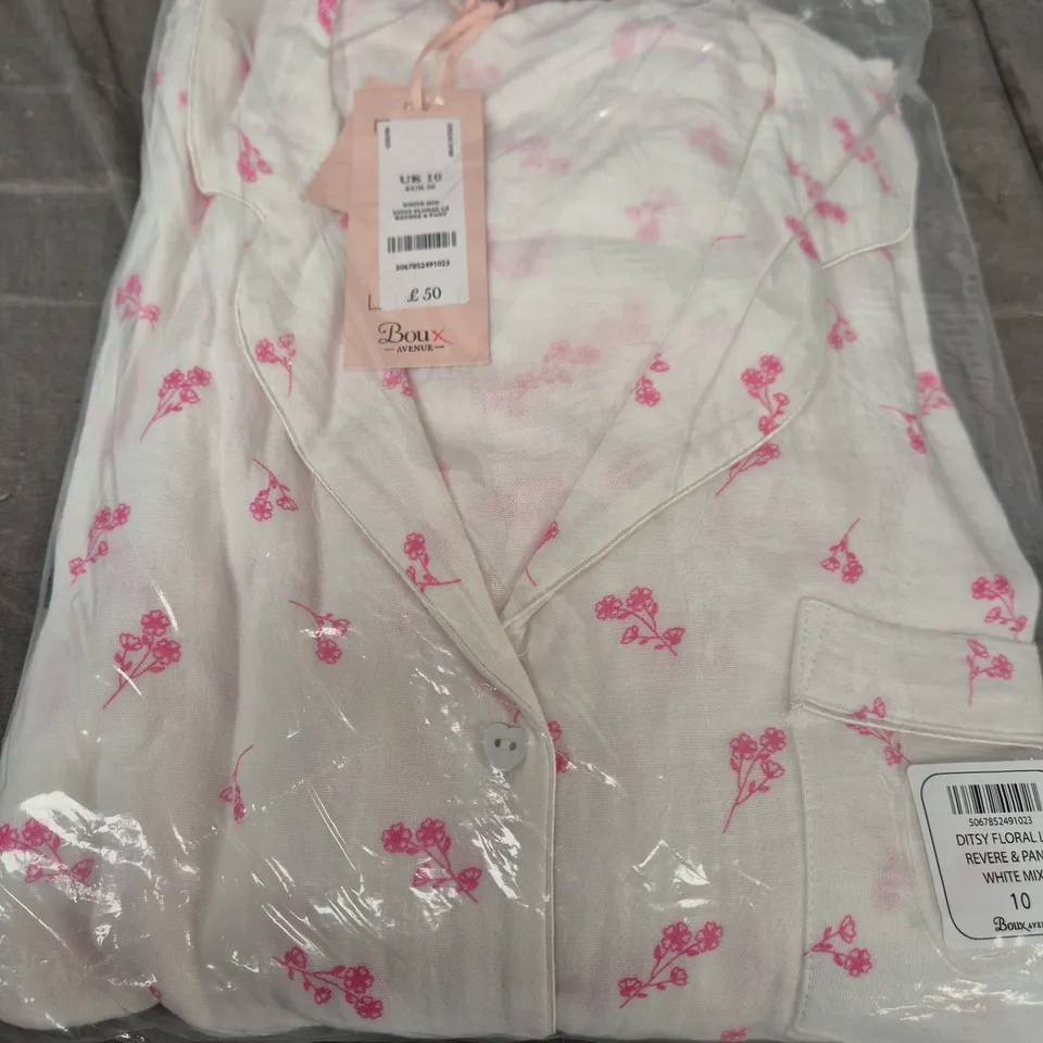 BOUX AVENUE DITSY FLORAL LONG-SLEEVE REVERE & PANT SET – WHITE MIX, UK 10