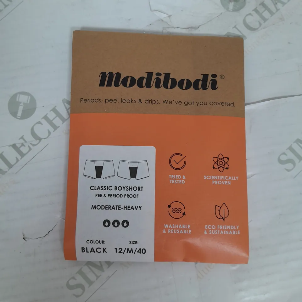 MODIBODI PERIOD UNDERWEAR CLASSIC BOYSHORT MODERATE-HEAVY IN BLACK SIZE 12/M RRP £125