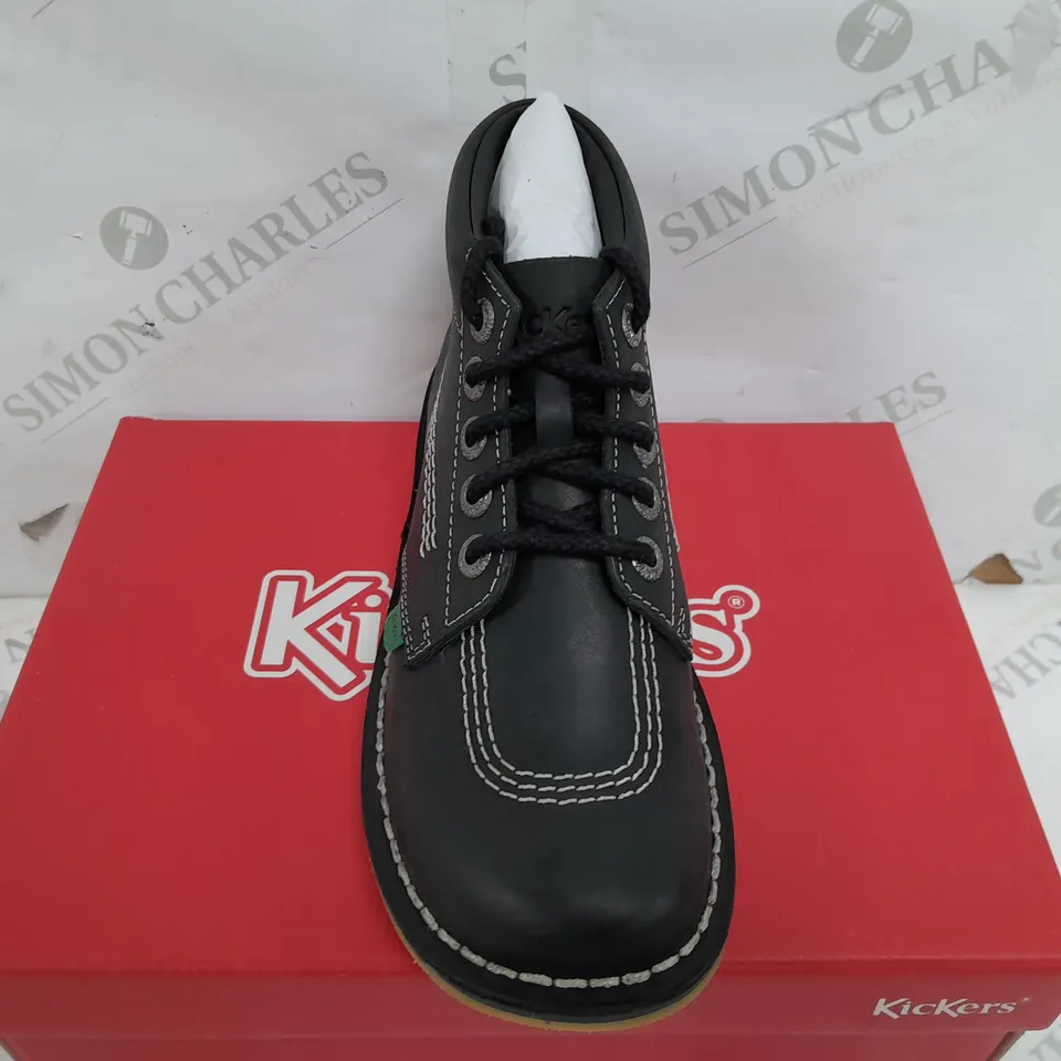 BOXED PAIR OF KICKERS LEATHER BOOTS IN BLACK - SIZE 38
