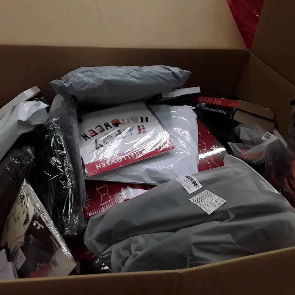 PALLET OF 6 BOXES CONTAINING ASSORTED PRODUCTS INCLUDING TEA TOWELS, HALLOWEEN DECORATIONS, DINOSAUR STICKERS, SPEAKER CABLE, CHRISTMAS LADDER LIGHT, TRAVEL PHOTOGRAPHY BOOK