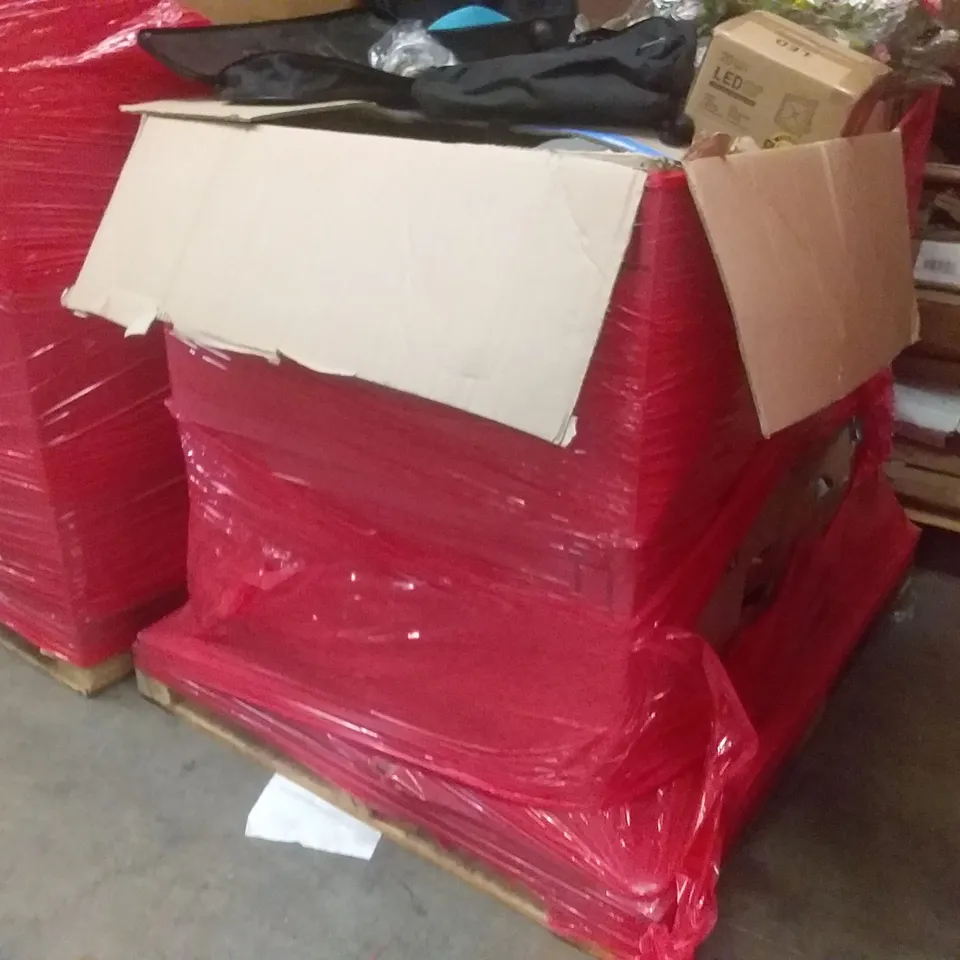 PALLET OF ASSORTED ITEMS TO INCLUDE: LED FLOOD LIGHT, FISHING REEL, BACKPACK, REEFS ETC