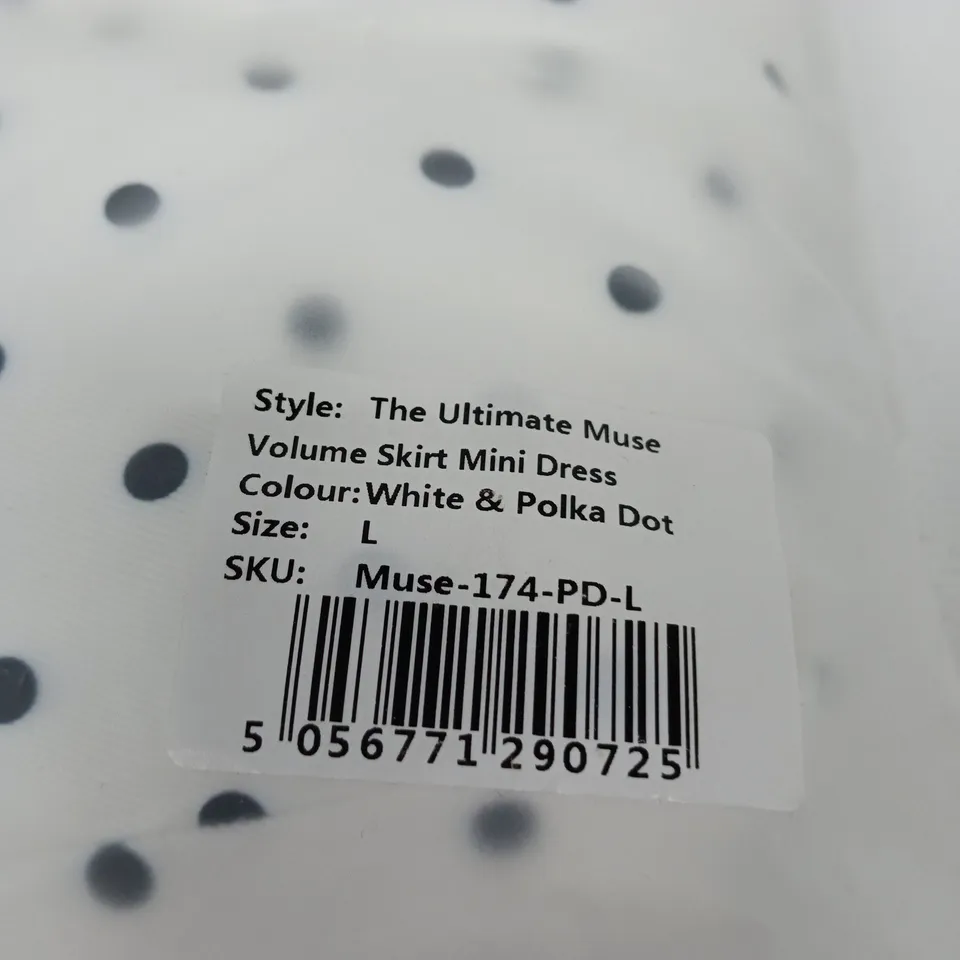 ODDMUSE – THE ULTIMATE MUSE VOLUME SKIRT MINI DRESS – WHITE & POLKA DOT – UK L