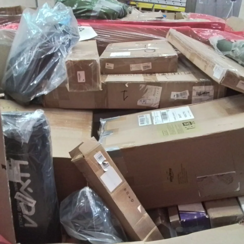 PALLET CONTAINING ASSORTED ITEMS TO INCLUDE: FOLDABLE MINI WASHER, GRAND PATIO COFFEE TABLE, PROFESSIONAL MICROFIBRE MOP, BED ASSIST RAIL, TOILET SAFETY RAILS ECT