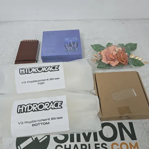 APPROXIMATELY 25 ASSORTED ITEM INCLUDING HYDRORACE V3 REPLACEMENT STRAW TOP AND BOTTOM AND A GRAIN NOTEBOOK