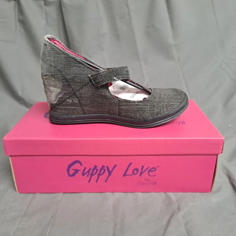 BOXED LOT OF 12 PAIRS OF GUPPY LOVE LADIES WEDGE HEEL SHOES. VARIOUS SIZES