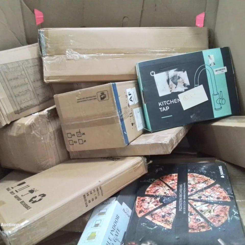 PALLET OF ASSORTED HOUSEHOLD ITEMS AND CONSUMER PRODUCTS TO INCLUDE; KITCHEN TAP, PIZZA STONE, LOTS OF BOXED FURNITURE ETC.