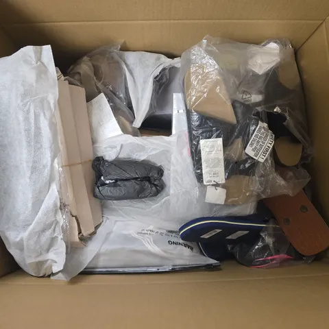 BOX OF APPROXIMATELY 12 PAIRS OF ASSORTED SHOES IN VARIOUS COLOUR, STYLES AND SIZES