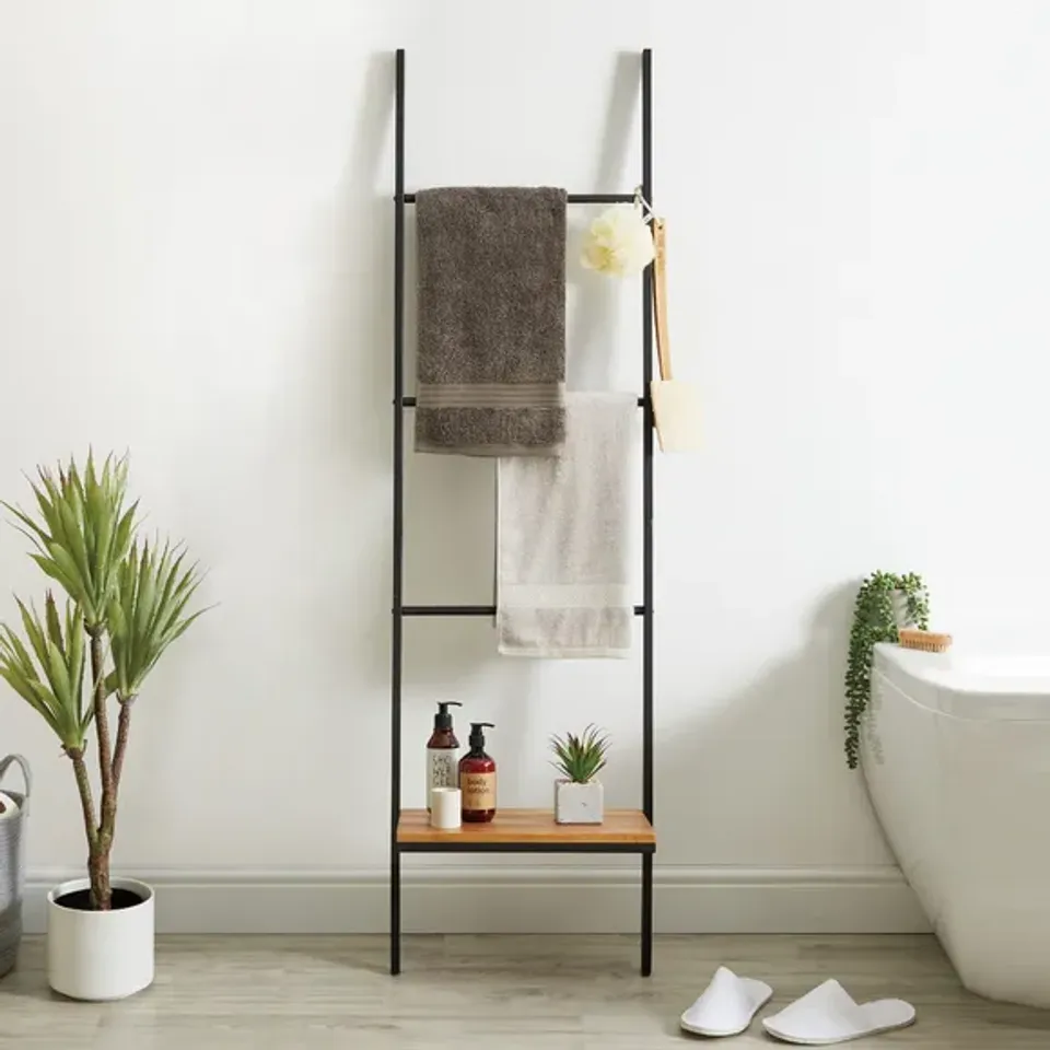 BOXED FULTON LADDER SHELF - BLACK WOOD