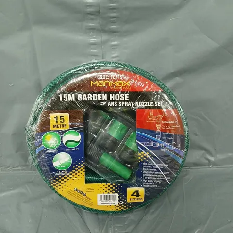 SEALED 15M GARDEN HOSE AND SPRAY NOZZLE SET