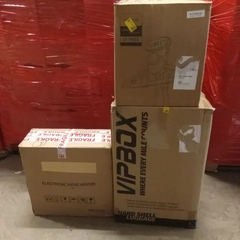 PALLET OF ASSORTED HOUSEHOLD GOODS AND PRODUCTS TO INCLUDE; SUITCASES, GARMENT STEAMER, ELECTRIC PATIO HEATER, AIR FRYER ETC