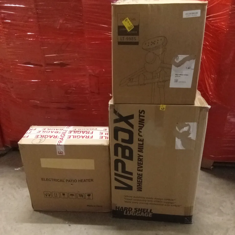 PALLET OF ASSORTED HOUSEHOLD GOODS AND PRODUCTS TO INCLUDE; SUITCASES, GARMENT STEAMER, ELECTRIC PATIO HEATER, AIR FRYER ETC