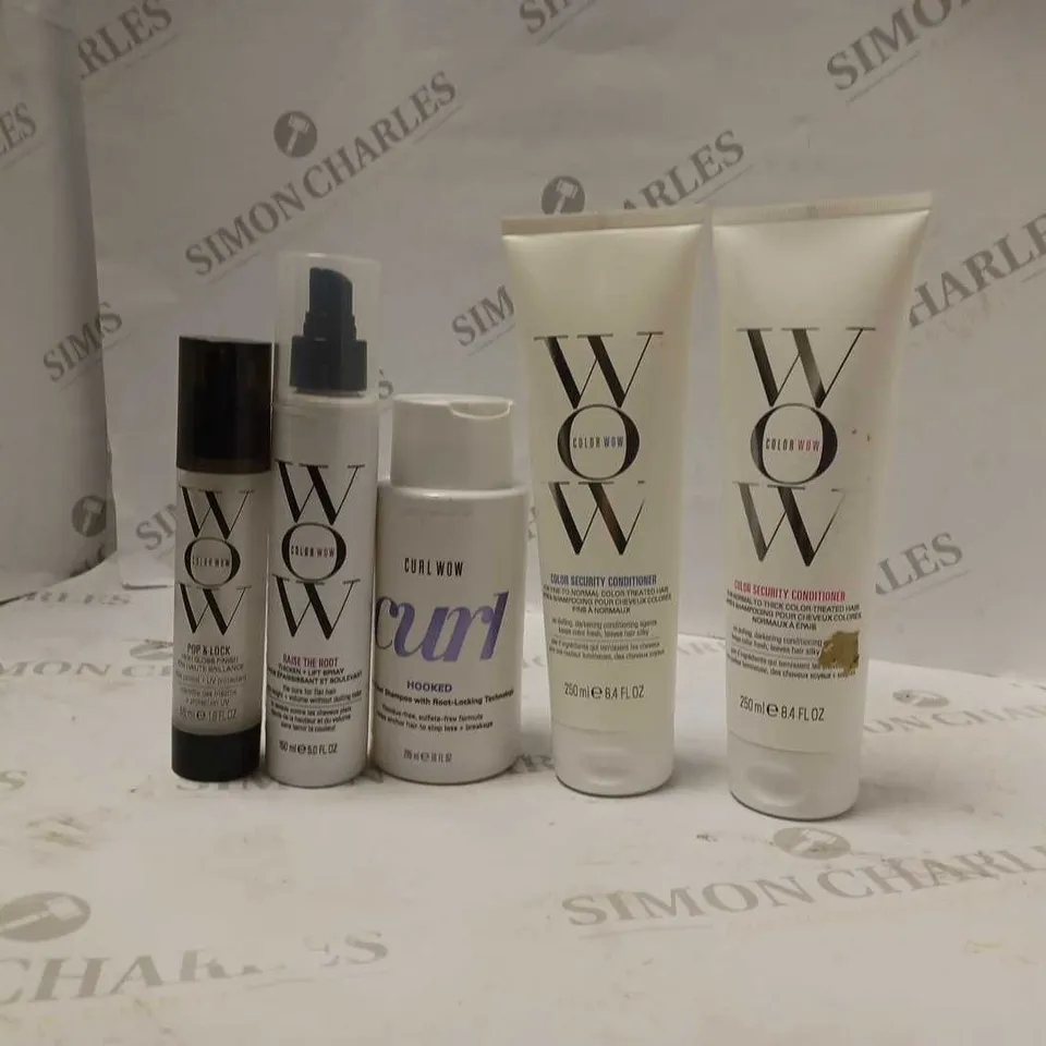 LOT OF 5 WOW PRODUCTS TO INCLUDE RAISE THE ROOT THICKEN AND LIFT SPRAY, COLOUR SECURITY CONDITIONER, POP&LOCK HIGH GLOSS FINISH, ETC 